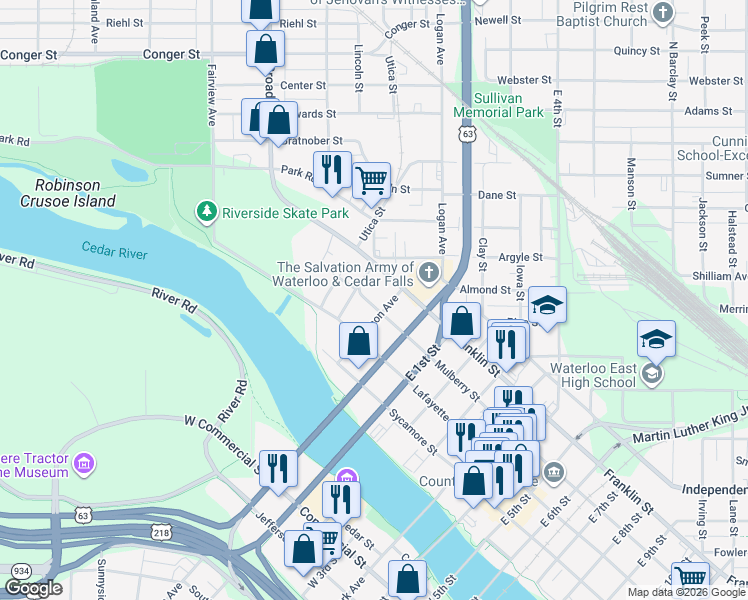 map of restaurants, bars, coffee shops, grocery stores, and more near 71 Mulberry Street in Waterloo