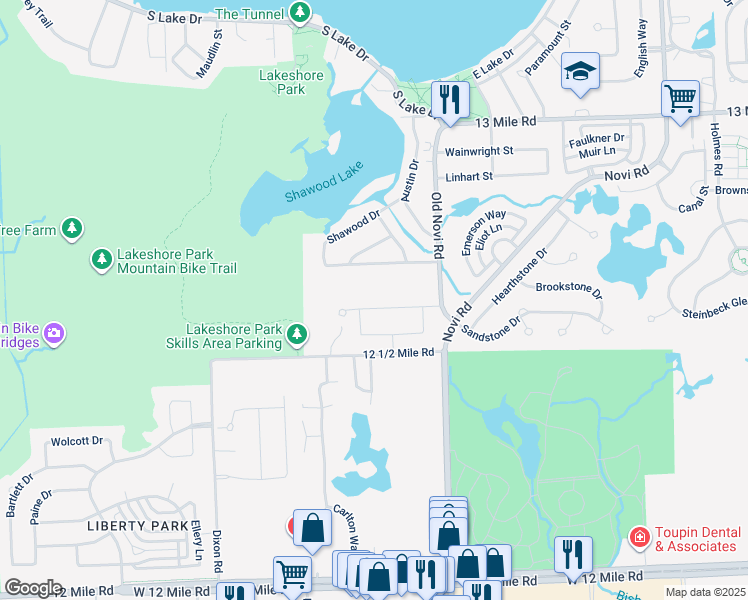 map of restaurants, bars, coffee shops, grocery stores, and more near 43690 Bolingbrooke Lane in Novi