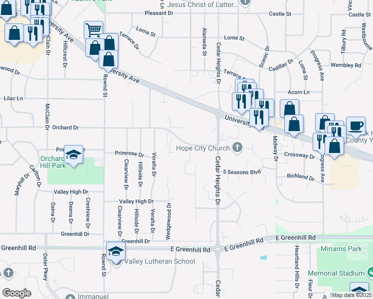 map of restaurants, bars, coffee shops, grocery stores, and more near 2623 Orchard Drive in Cedar Falls