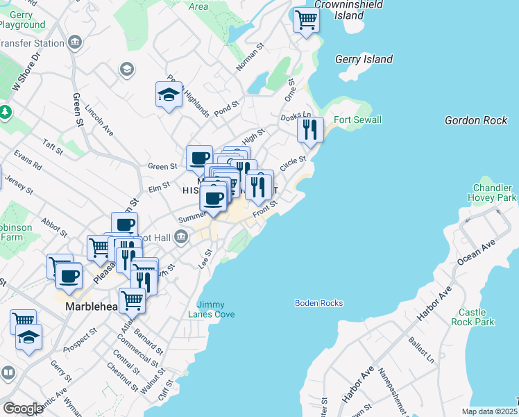 map of restaurants, bars, coffee shops, grocery stores, and more near 4 Ferry Lane in Marblehead