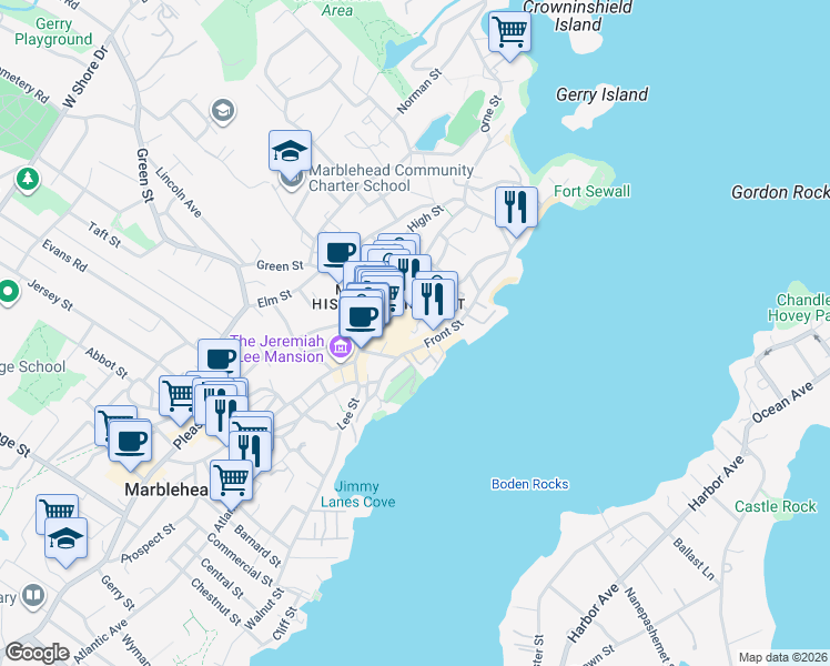 map of restaurants, bars, coffee shops, grocery stores, and more near 4 Ferry Lane in Marblehead