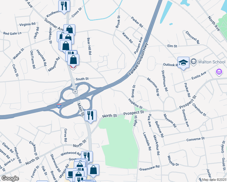 map of restaurants, bars, coffee shops, grocery stores, and more near 54 Hopkins Street in Wakefield