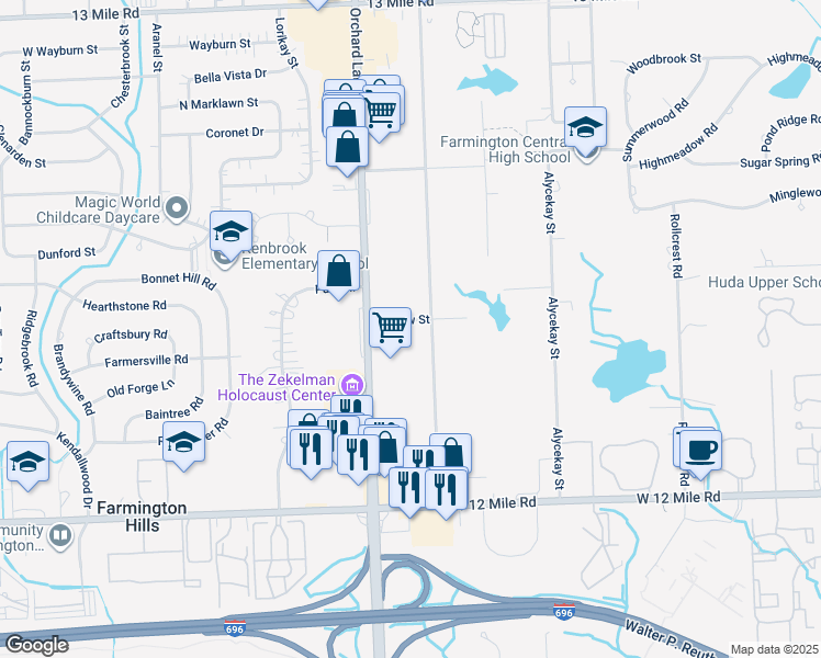 map of restaurants, bars, coffee shops, grocery stores, and more near 28225 Greening Street in Farmington Hills