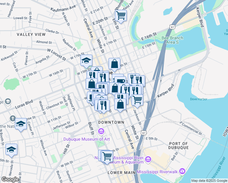 map of restaurants, bars, coffee shops, grocery stores, and more near in Dubuque