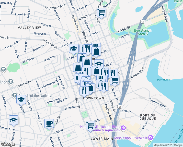 map of restaurants, bars, coffee shops, grocery stores, and more near 1154 Iowa Street in Dubuque