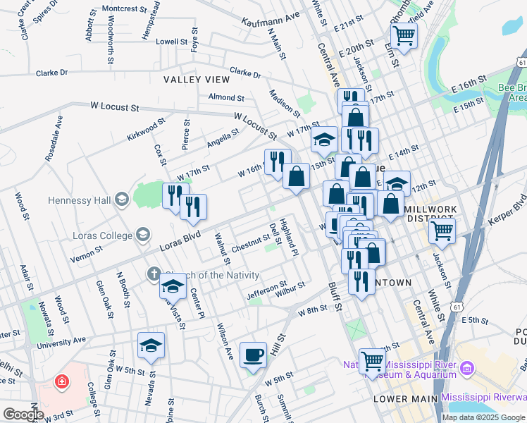 map of restaurants, bars, coffee shops, grocery stores, and more near 1335 Dell Street in Dubuque