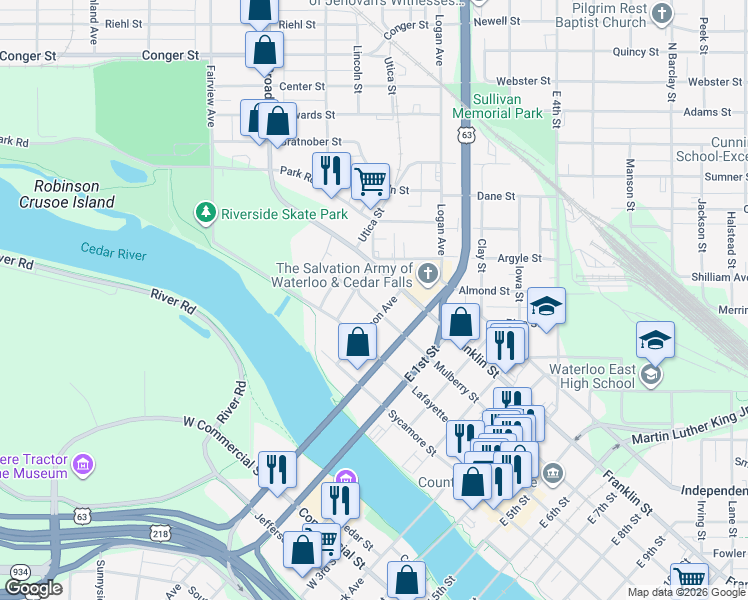 map of restaurants, bars, coffee shops, grocery stores, and more near 71 Mulberry Street in Waterloo