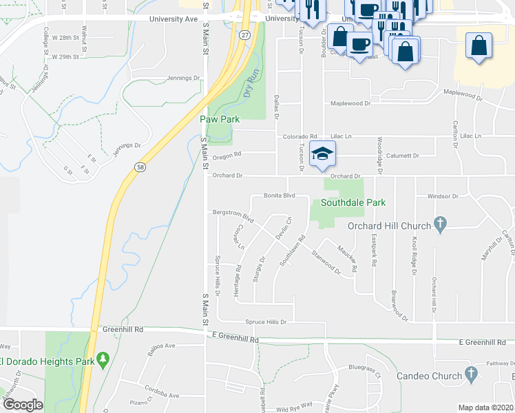 map of restaurants, bars, coffee shops, grocery stores, and more near 116 Devlin Circle in Cedar Falls
