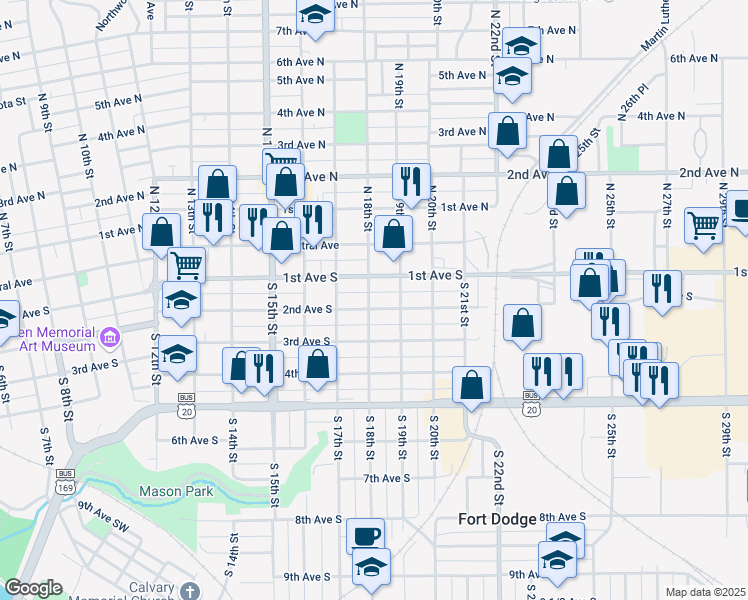 map of restaurants, bars, coffee shops, grocery stores, and more near 1813 2nd Avenue South in Fort Dodge
