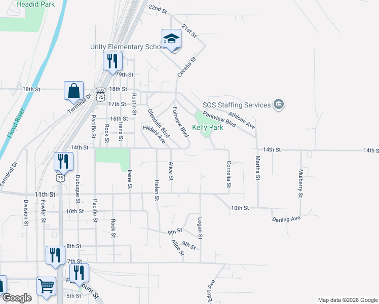 map of restaurants, bars, coffee shops, grocery stores, and more near 3101-3299 13th Street in Sioux City