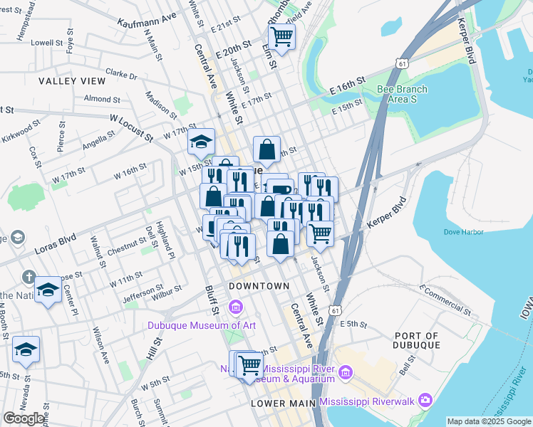 map of restaurants, bars, coffee shops, grocery stores, and more near 1151 White Street in Dubuque