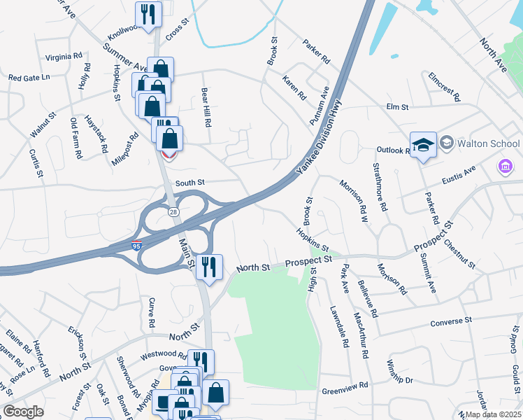 map of restaurants, bars, coffee shops, grocery stores, and more near 54 Hopkins Street in Wakefield