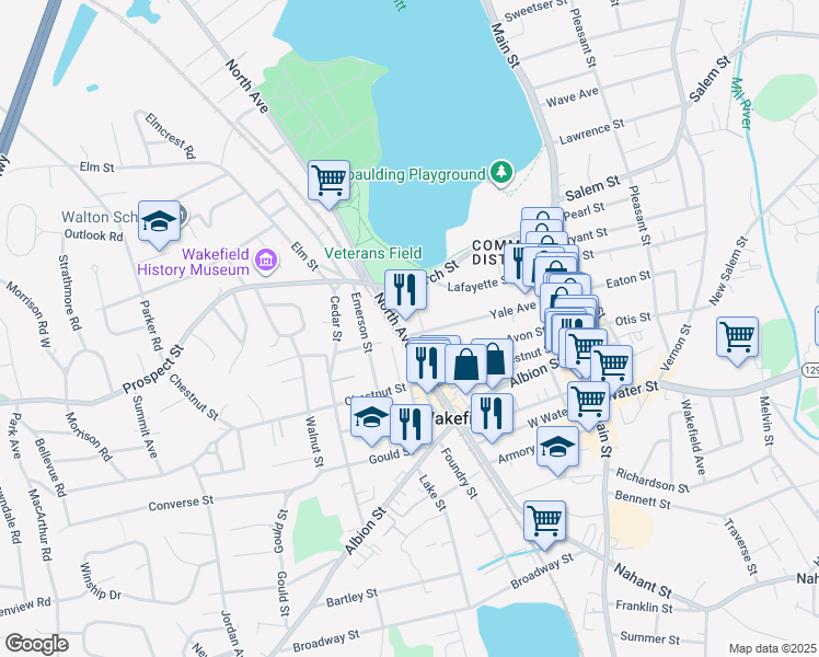 map of restaurants, bars, coffee shops, grocery stores, and more near 11 Avon Court in Wakefield