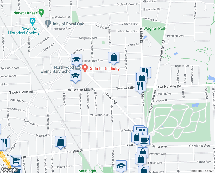 map of restaurants, bars, coffee shops, grocery stores, and more near 512 Twelve Mile Road in Royal Oak