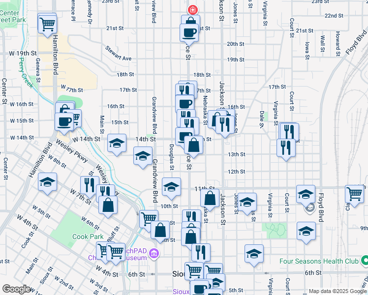 map of restaurants, bars, coffee shops, grocery stores, and more near 501-599 13th St in Sioux City
