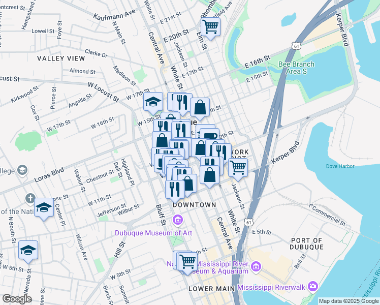 map of restaurants, bars, coffee shops, grocery stores, and more near 1154 Iowa Street in Dubuque