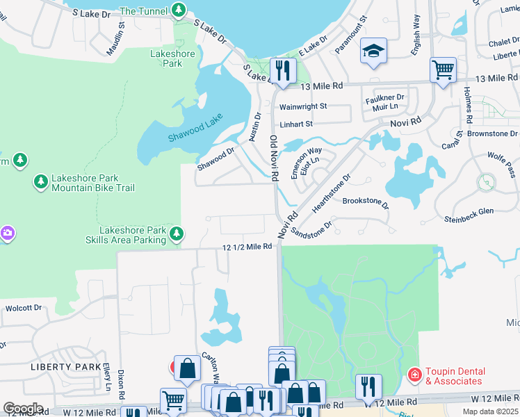map of restaurants, bars, coffee shops, grocery stores, and more near 43506 Bolingbrooke Lane in Novi