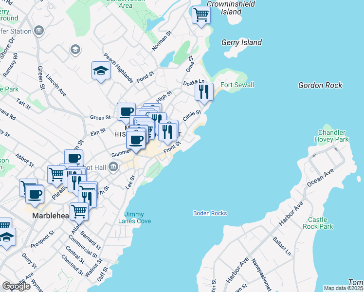 map of restaurants, bars, coffee shops, grocery stores, and more near 95 Front Street in Marblehead