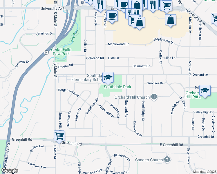 map of restaurants, bars, coffee shops, grocery stores, and more near 627 Orchard Drive in Cedar Falls