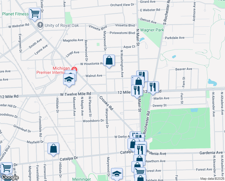 map of restaurants, bars, coffee shops, grocery stores, and more near 427 Twelve Mile Road in Royal Oak