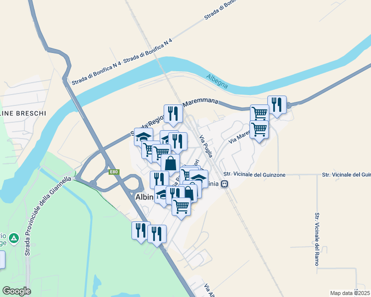 map of restaurants, bars, coffee shops, grocery stores, and more near 28 Via Antonio de Witt in Albinia