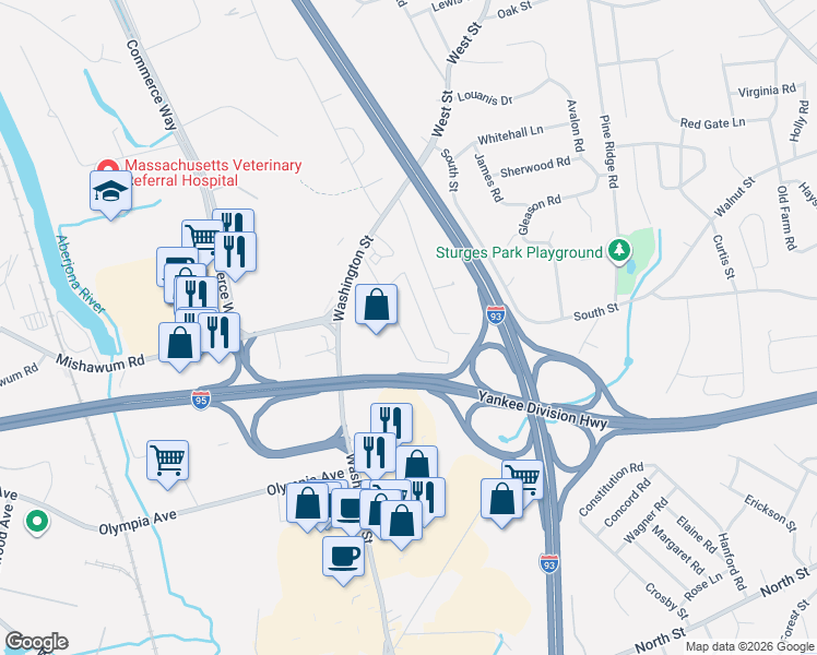 map of restaurants, bars, coffee shops, grocery stores, and more near 23 Richard Circle in Woburn