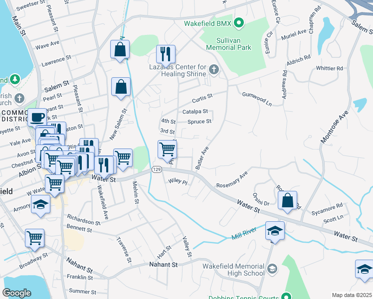 map of restaurants, bars, coffee shops, grocery stores, and more near 16 Perham Street in Wakefield