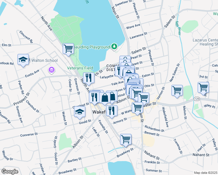map of restaurants, bars, coffee shops, grocery stores, and more near 33 Avon Street in Wakefield