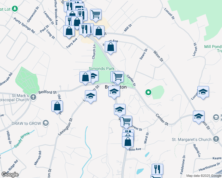 map of restaurants, bars, coffee shops, grocery stores, and more near 140 Cambridge Street in Burlington