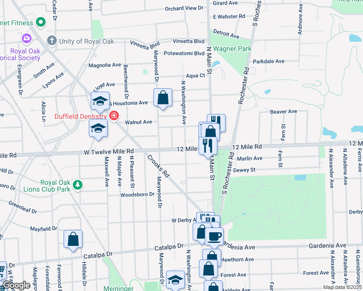 map of restaurants, bars, coffee shops, grocery stores, and more near 319 Twelve Mile Road in Royal Oak