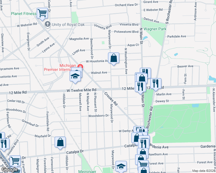map of restaurants, bars, coffee shops, grocery stores, and more near 427 Twelve Mile Road in Royal Oak