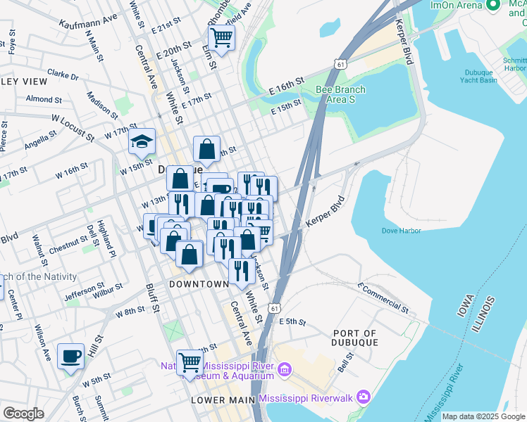 map of restaurants, bars, coffee shops, grocery stores, and more near 331-165 East 10th Street in Dubuque