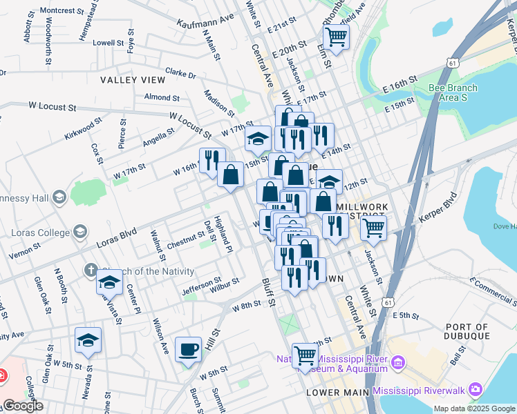 map of restaurants, bars, coffee shops, grocery stores, and more near 1243 Locust Street in Dubuque