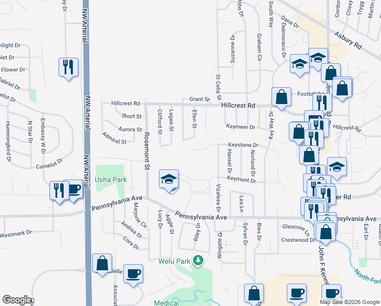 map of restaurants, bars, coffee shops, grocery stores, and more near 3690 Keystone Drive in Dubuque