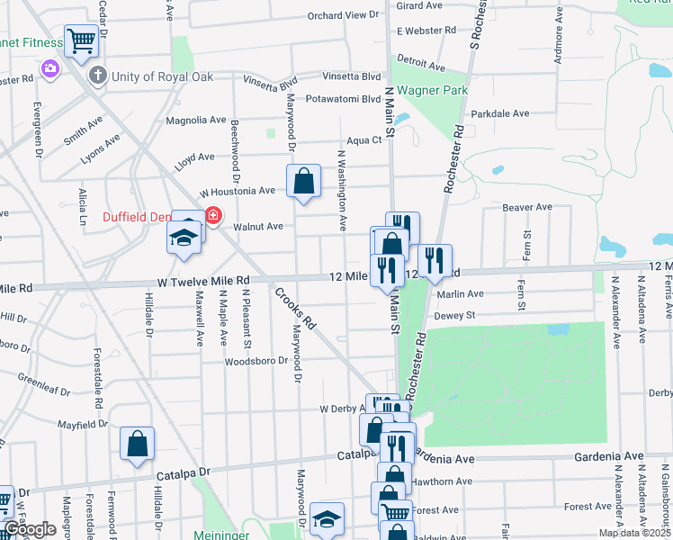 map of restaurants, bars, coffee shops, grocery stores, and more near 308 West Twelve Mile Road in Royal Oak