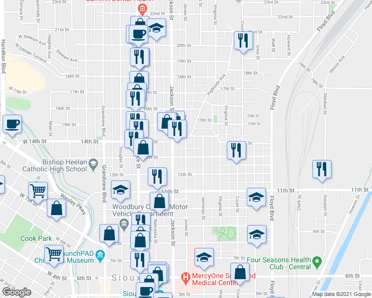 map of restaurants, bars, coffee shops, grocery stores, and more near 1312 Jones Street in Sioux City