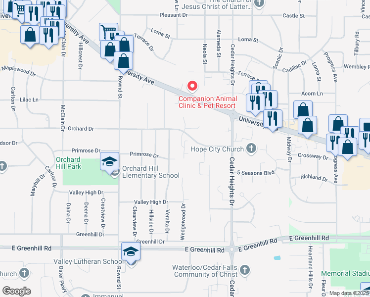 map of restaurants, bars, coffee shops, grocery stores, and more near 2603 Orchard Drive in Cedar Falls