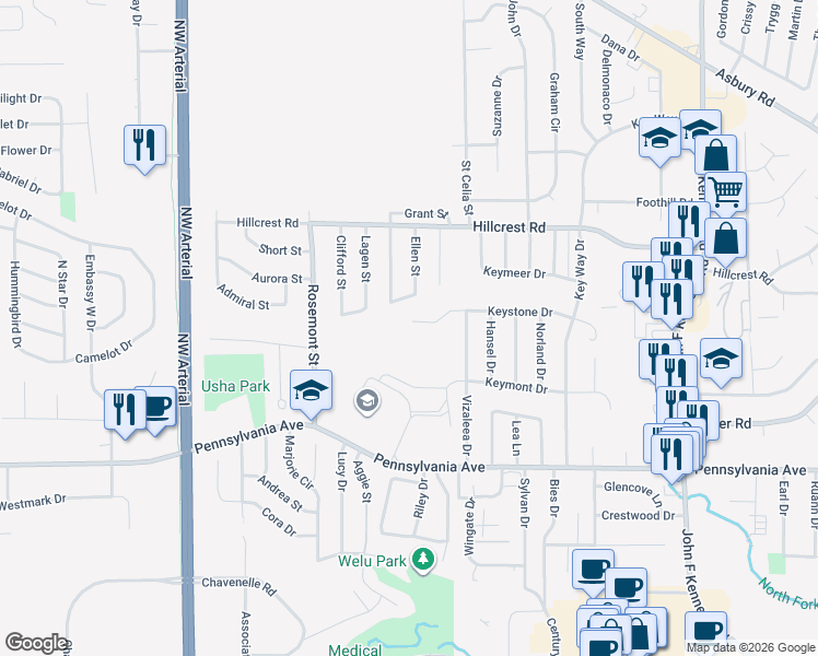 map of restaurants, bars, coffee shops, grocery stores, and more near 3690 Keystone Drive in Dubuque