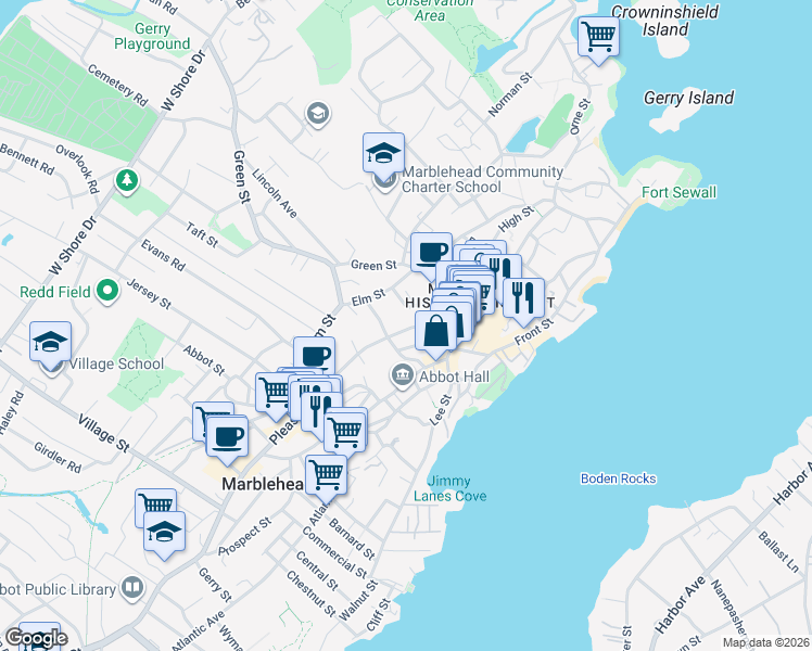 map of restaurants, bars, coffee shops, grocery stores, and more near 31 Summer Street in Marblehead