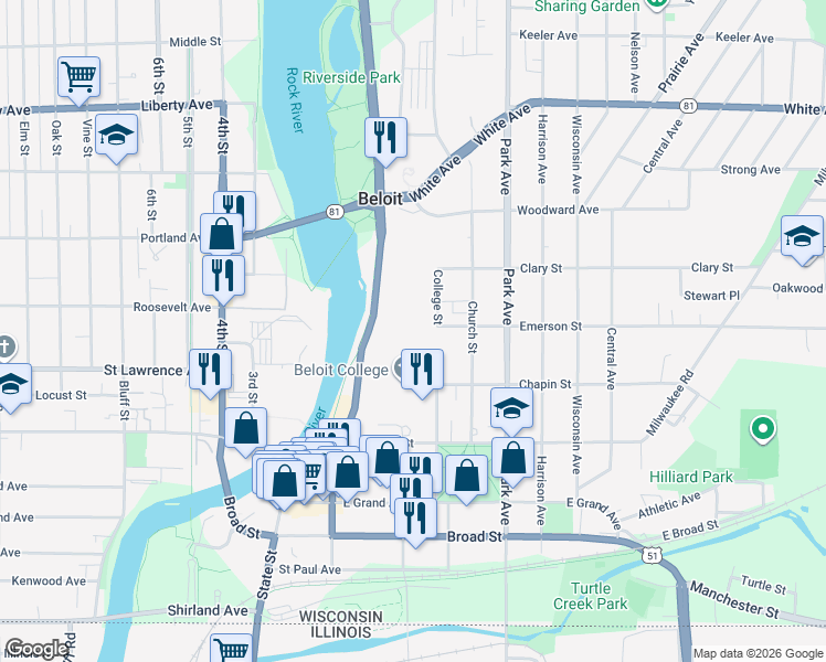 map of restaurants, bars, coffee shops, grocery stores, and more near 700 College Street in Beloit