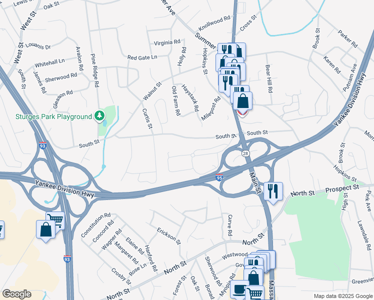 map of restaurants, bars, coffee shops, grocery stores, and more near 36 Abigail Way in Reading