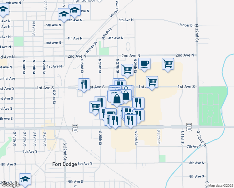 map of restaurants, bars, coffee shops, grocery stores, and more near 117 South 25th Street in Fort Dodge