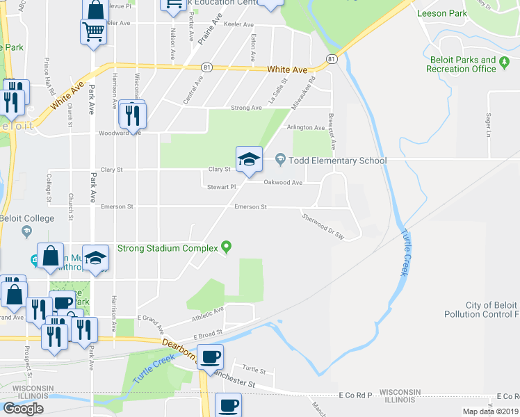 map of restaurants, bars, coffee shops, grocery stores, and more near 1614 Emerson Street in Beloit