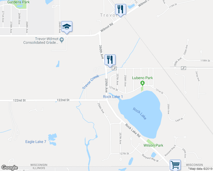map of restaurants, bars, coffee shops, grocery stores, and more near 25898 121st Street in Trevor