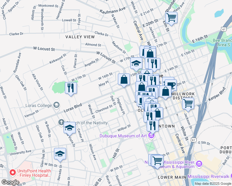 map of restaurants, bars, coffee shops, grocery stores, and more near 472 Loras Boulevard in Dubuque