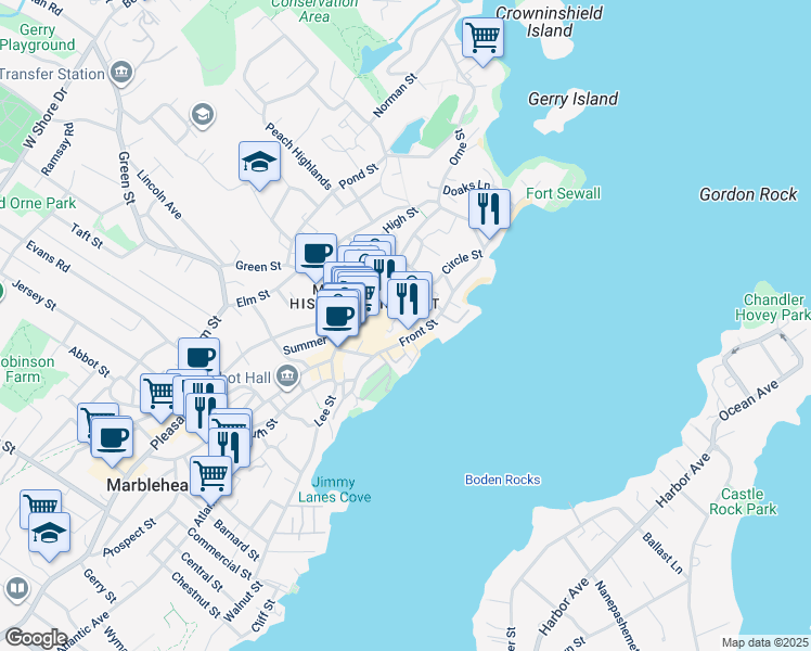map of restaurants, bars, coffee shops, grocery stores, and more near 35 State Street in Marblehead
