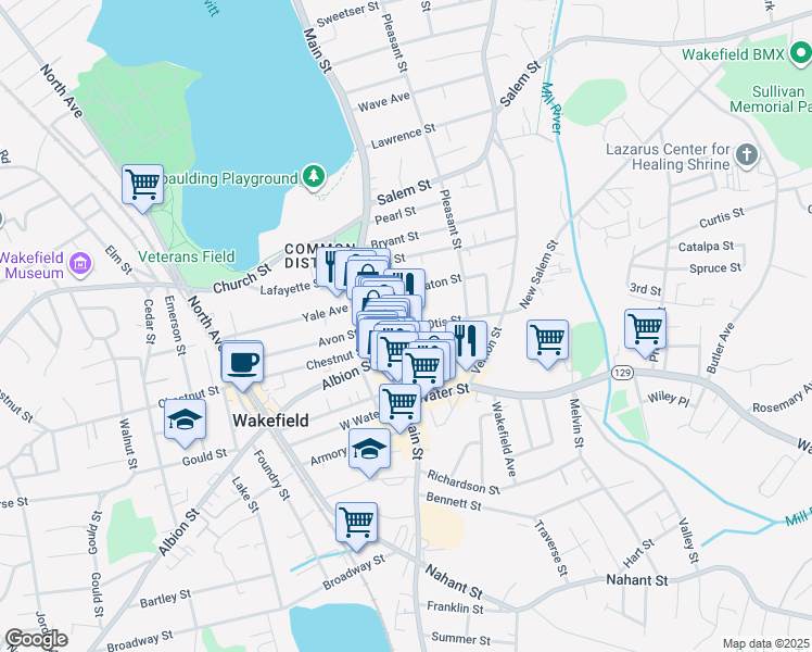 map of restaurants, bars, coffee shops, grocery stores, and more near 21 Princess Street in Wakefield