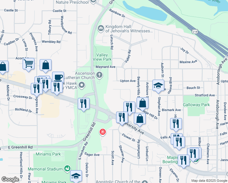 map of restaurants, bars, coffee shops, grocery stores, and more near 1909 Carriage Hill Drive in Waterloo