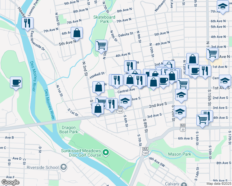 map of restaurants, bars, coffee shops, grocery stores, and more near 501 Central Avenue in Fort Dodge