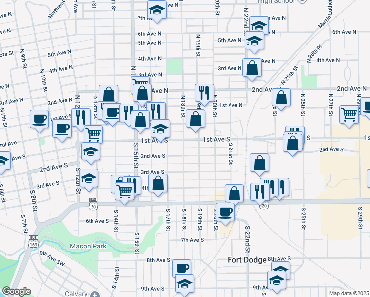 map of restaurants, bars, coffee shops, grocery stores, and more near 1813 2nd Avenue South in Fort Dodge